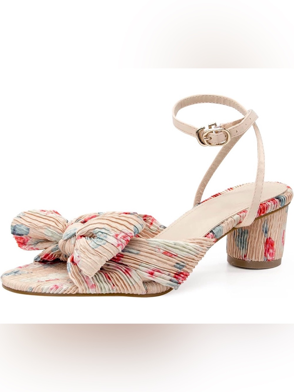 Pleated Bow Ankle-Strap 2 in Heels in Beige Floral Sz 8.5